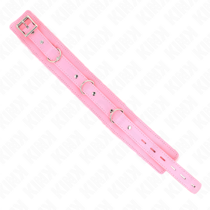 Colar BDSM com trela KINK rosa, detalhando o material e a fivela ajustável.