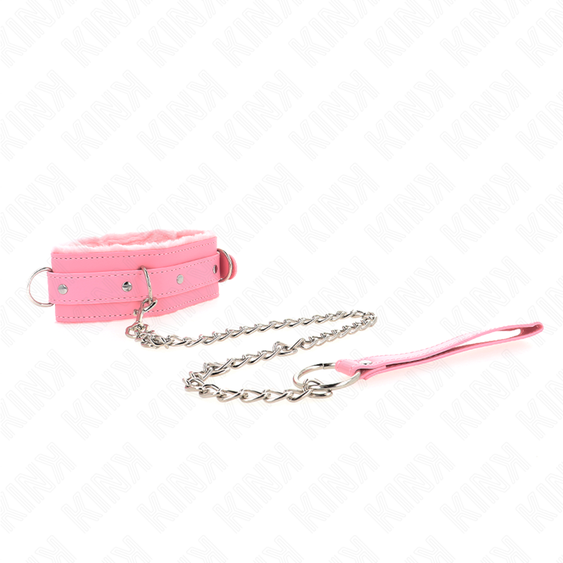 Colar BDSM com trela KINK rosa, detalhando o material e a fivela ajustável.