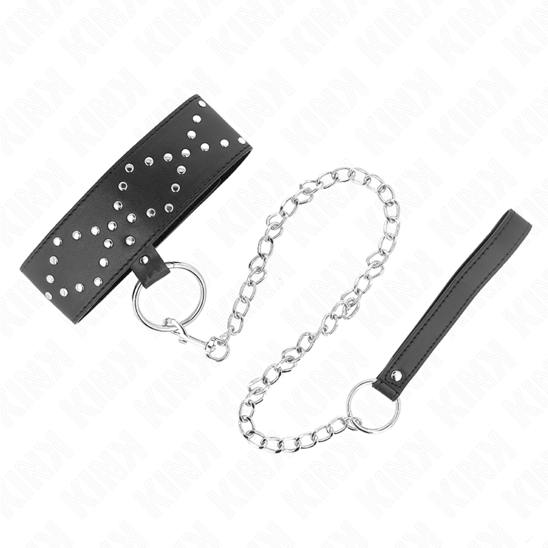 KINK Colar e Trela com Pregos Prata 65cm Ajustável para BDSM, exibindo detalhes do design e pregos metálicos.