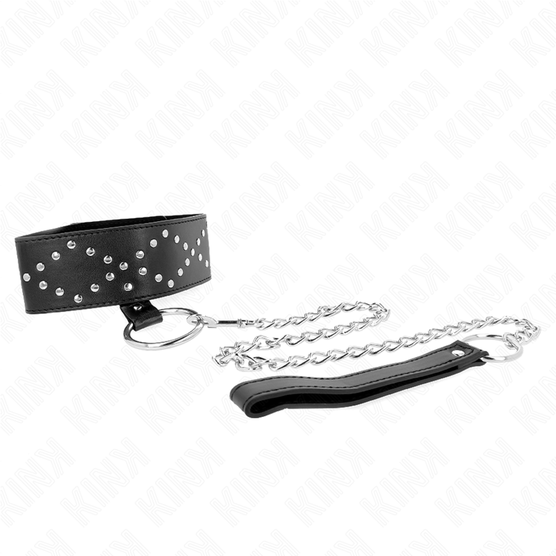 KINK Colar e Trela com Pregos Prata 65cm Ajustável para BDSM, exibindo detalhes do design e pregos metálicos.