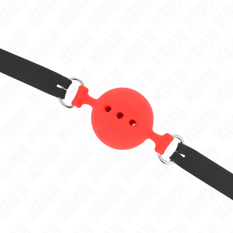 Mordaça completa de silicone KINK vermelha com bola de 5 cm, mostrando os detalhes ajustáveis e a textura.