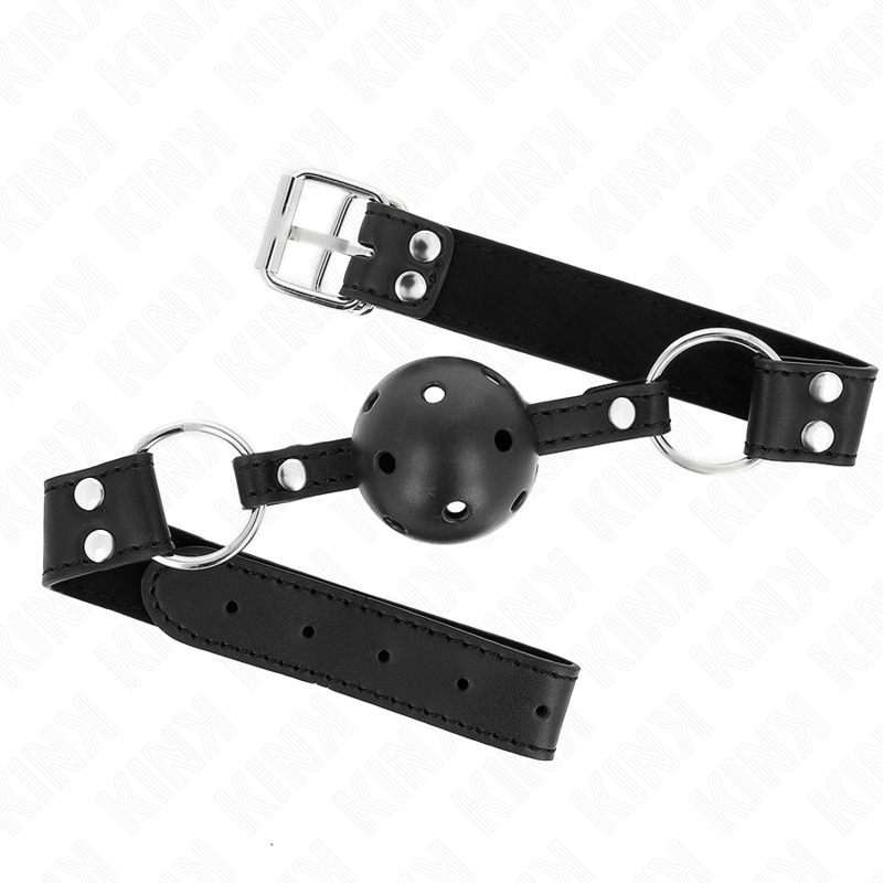 KINK Mordaça Bola Respirável 4 CM com Rebite Duplo Ajustável Preta para jogos BDSM