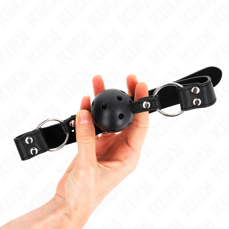 KINK Mordaça Bola Respirável 4 CM com Rebite Duplo Ajustável Preta para jogos BDSM