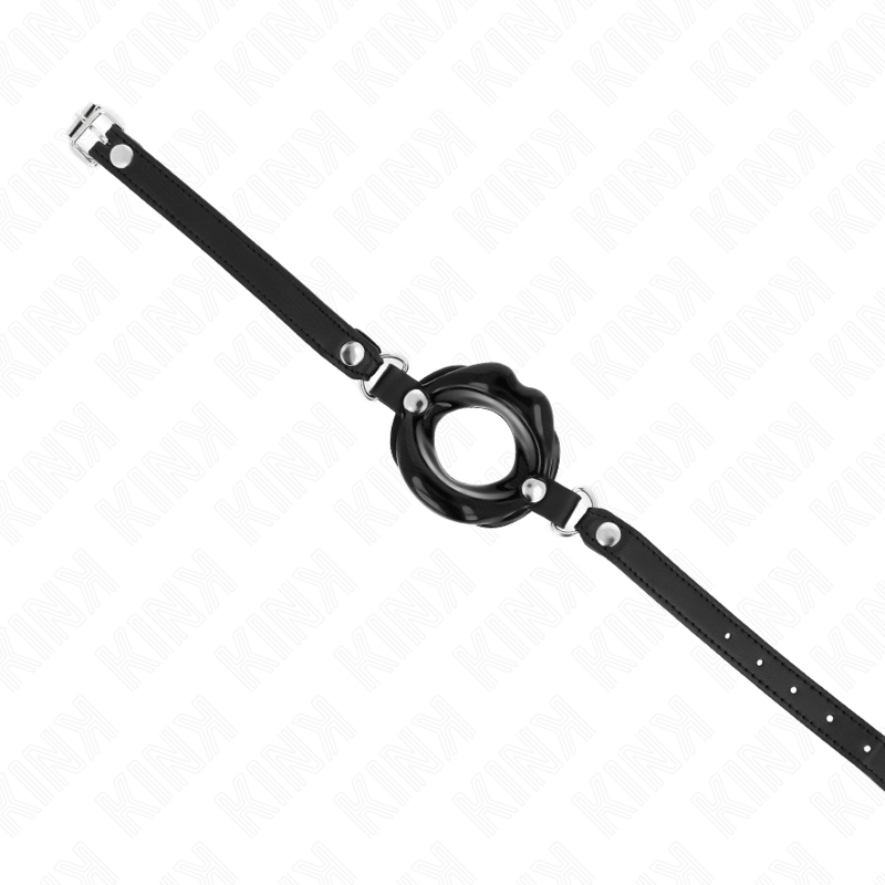Mordaça Lip KINK de 8 CM com alça de couro preta ajustável, detalhe do material e mecanismo.