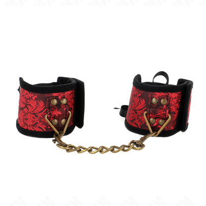 KINK Almofadas de Pulso Scandal em renda vermelho-preto, exibindo os detalhes e o design elegante para BDSM.