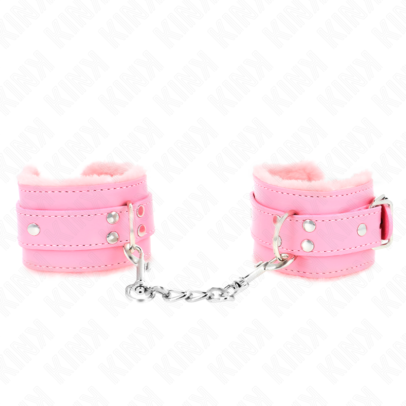 KINK Pulseira de Contenção Forro de Pele Rosa Ajustável, detalhe do cinto e material.