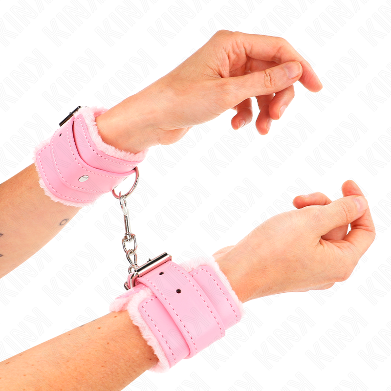 KINK Pulseira de Contenção Forro de Pele Rosa Ajustável, detalhe do cinto e material.