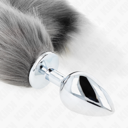 Kink - Plug Anal Tamaño L 10 x 4 cm con Cola Sintética 40 cm Gris y Blanco