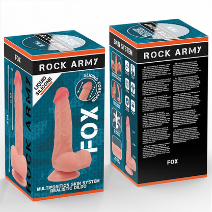 Close-up do Vibrador Realista Fox da ROCKARMY, em silicone líquido com ventosa, mostrando sua textura e detalhes.