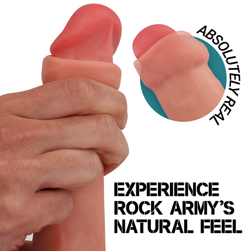 Close-up do Vibrador Realista Fox da ROCKARMY, em silicone líquido com ventosa, mostrando sua textura e detalhes.