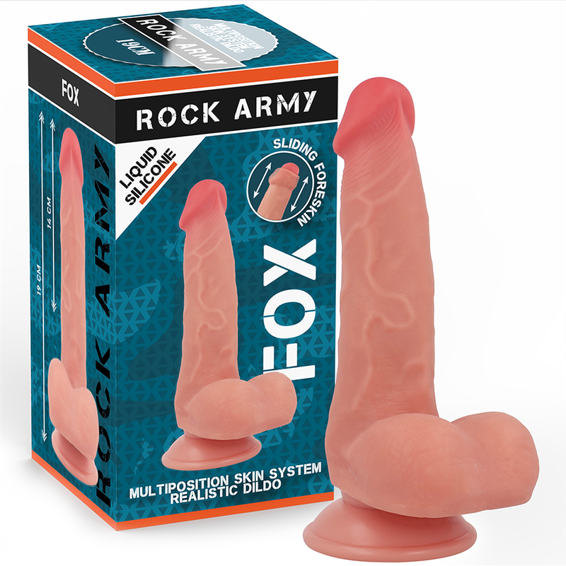Close-up do Vibrador Realista Fox da ROCKARMY, em silicone líquido com ventosa, mostrando sua textura e detalhes.