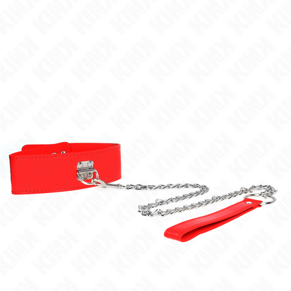 KINK Colar com Cinto Vermelho Ajustável, destacando a trela de 65cm e o colar de 5cm de largura.