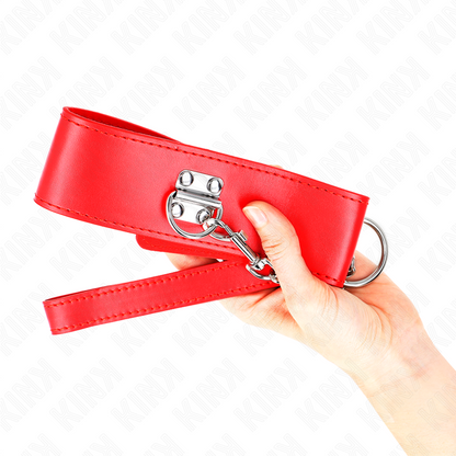 KINK Colar com Cinto Vermelho Ajustável, destacando a trela de 65cm e o colar de 5cm de largura.