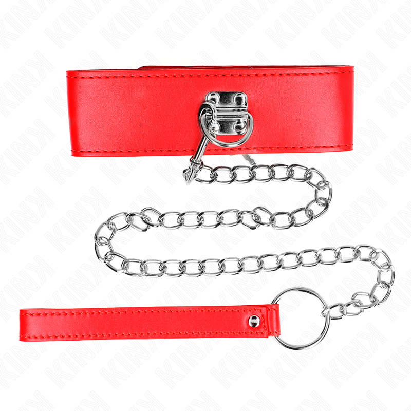 KINK Colar com Cinto Vermelho Ajustável, destacando a trela de 65cm e o colar de 5cm de largura.