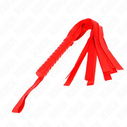 Chicote de Cauda Larga KINK Vermelho 48,5 cm para BDSM, mostrando detalhes da pega e das tiras.