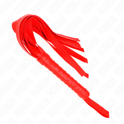 Chicote de Cauda Larga KINK Vermelho 48,5 cm para BDSM, mostrando detalhes da pega e das tiras.