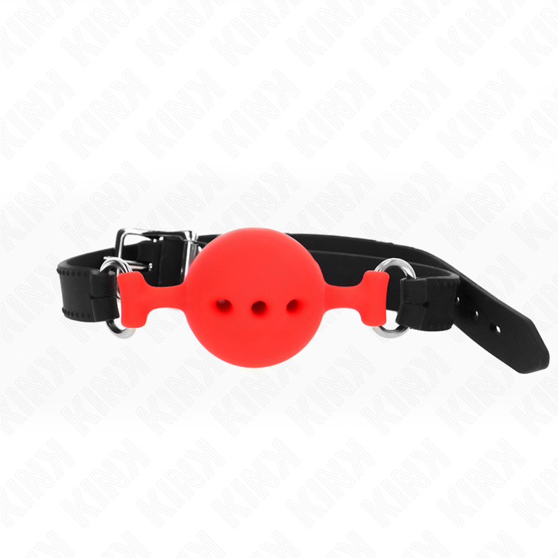 KINK Mordaça Completa de Silicone Vermelha com bola de 4,5 cm, mostrando o material e ajuste.