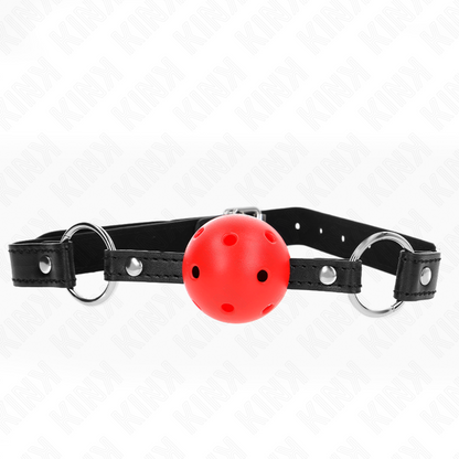 Close-up da Mordaça Bola KINK Vermelha Oca 4,5 CM para BDSM.
