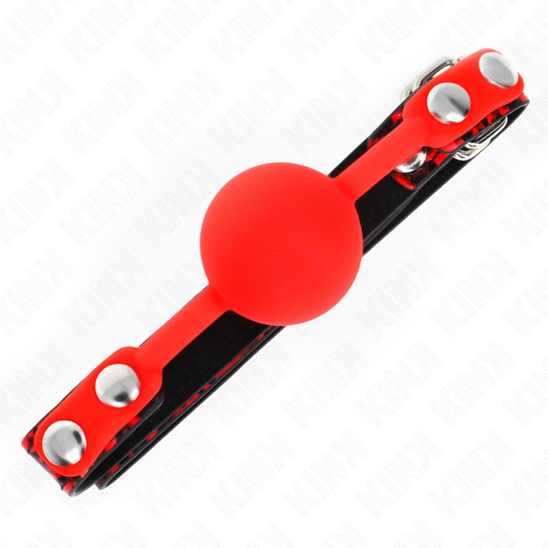 KINK Bola Silicone Gag Ajustável 4cm para jogos BDSM, mostrando detalhes do silicone e da correia.