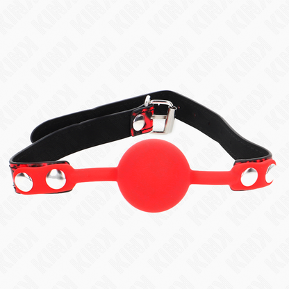 KINK Bola Silicone Gag Ajustável 4cm para jogos BDSM, mostrando detalhes do silicone e da correia.