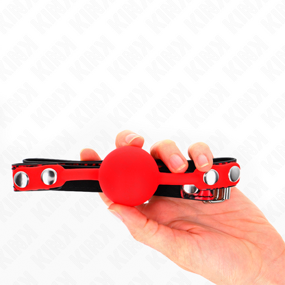 KINK Bola Silicone Gag Ajustável 4cm para jogos BDSM, mostrando detalhes do silicone e da correia.