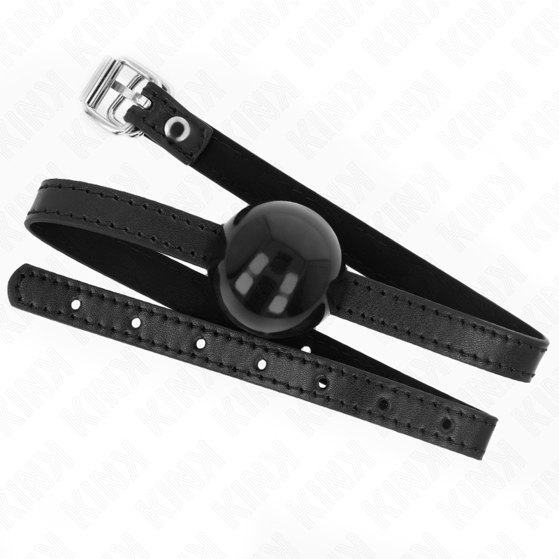 KINK Mordaça Bola Simples Preta 4cm em detalhe, mostrando a bola de silicone e a tira de couro sintético ajustável.