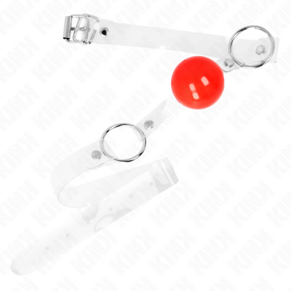 Mordaça Bola PVC Transparente Vermelha KINK 4 cm com alça ajustável para BDSM.