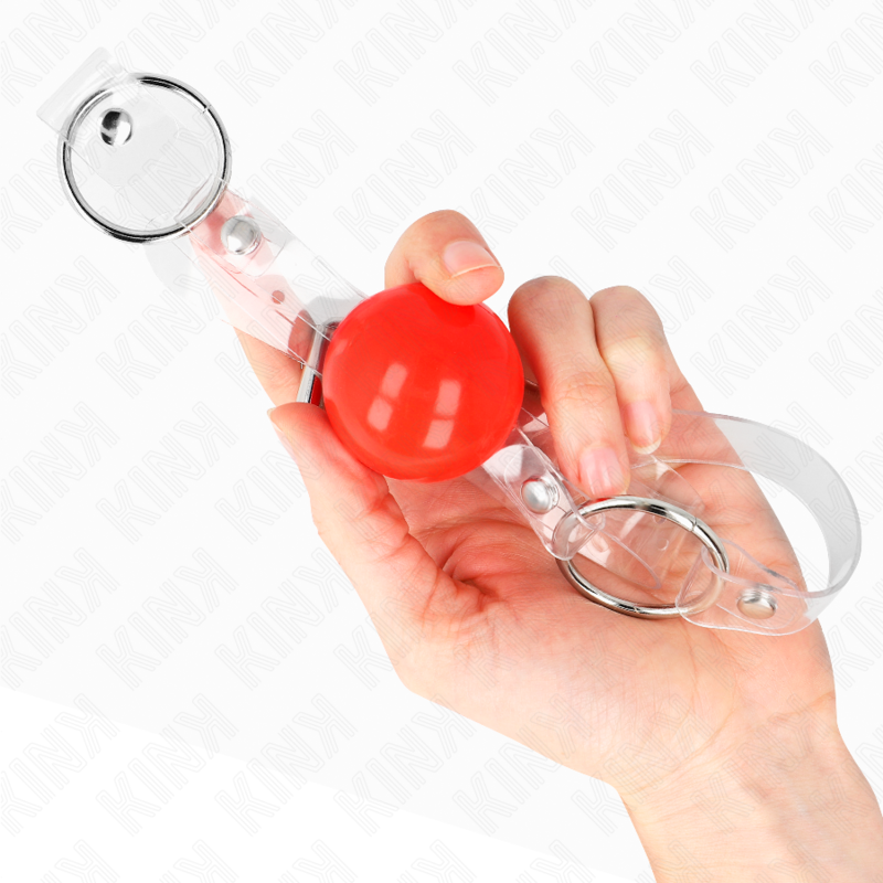 Mordaça Bola PVC Transparente Vermelha KINK 4 cm com alça ajustável para BDSM.