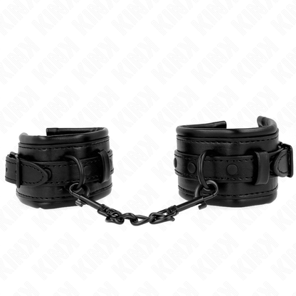 Punhos Ajustáveis Pretos KINK para BDSM, detalhe do material e fecho.