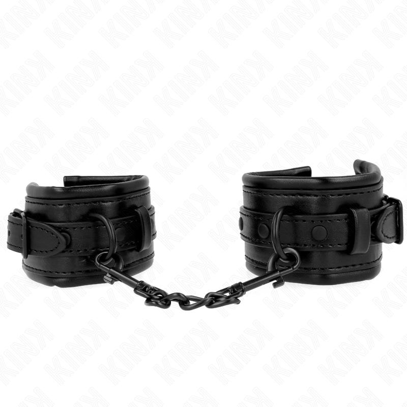 Punhos Ajustáveis Pretos KINK para BDSM, detalhe do material e fecho.