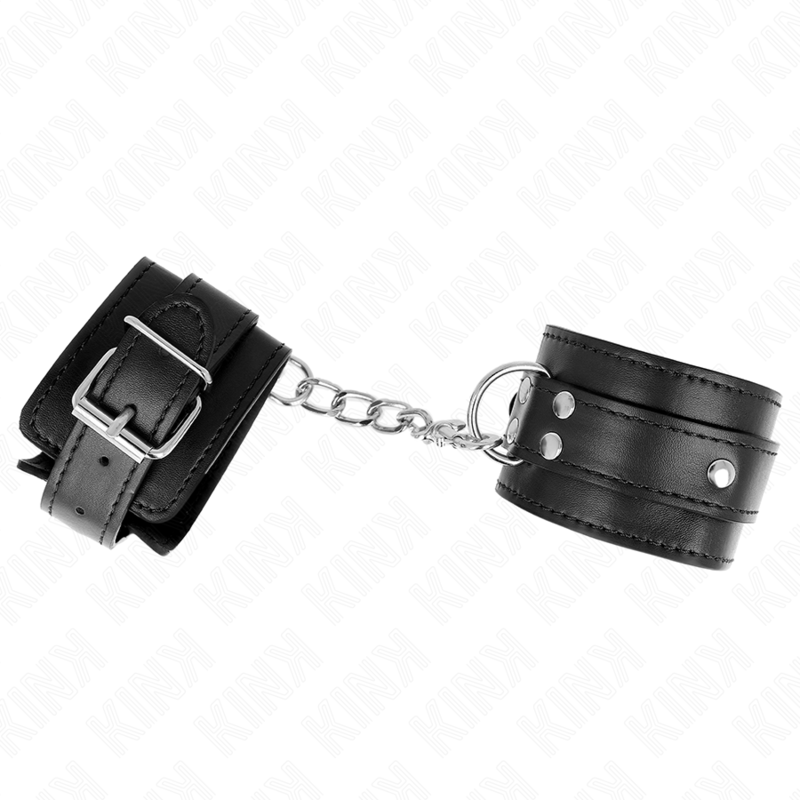 KINK Algemas de Pulso D-Ring ajustáveis pretas, mostrando os detalhes das 3 retenções e argolas D.