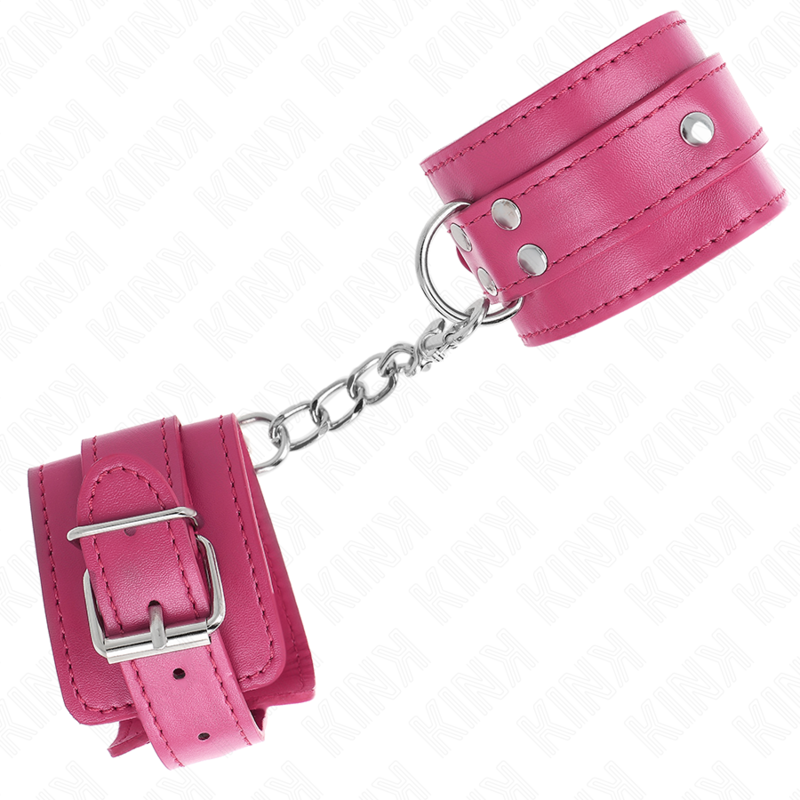 Conjunto de 3 retenções de pulso KINK D-Ring ajustáveis na cor rosa para sessões BDSM.