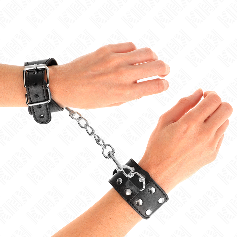 Pulseiras KINK com linha dupla de pregos ajustáveis pretos, ideais para controlo BDSM com estilo.