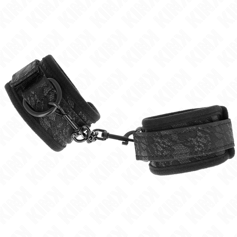 Punhos KINK em neoprene com renda escura, ajustáveis e pretos, para BDSM.