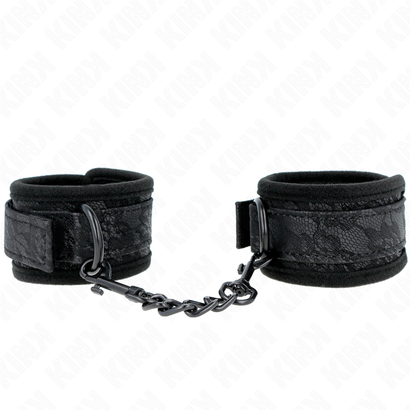 Punhos KINK em neoprene com renda escura, ajustáveis e pretos, para BDSM.