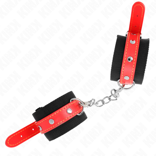 Punhos KINK de nylon preto e couro vermelho ajustáveis para BDSM.