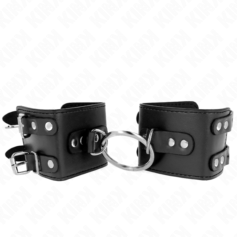 KINK Punhos Fixos Ajustáveis com Anel Preto para BDSM, exibindo o design e o anel de fixação.