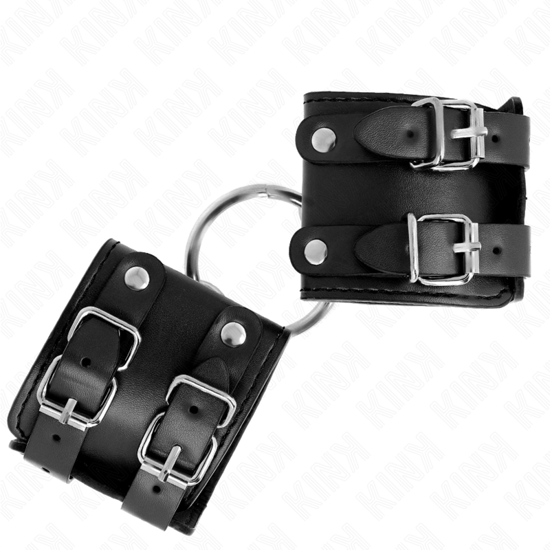 KINK Punhos Fixos Ajustáveis com Anel Preto para BDSM, exibindo o design e o anel de fixação.