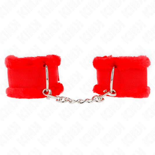 Close-up da Pulseira KINK Forro Peludo Vermelho Ajustável, mostrando o material macio e detalhes.
