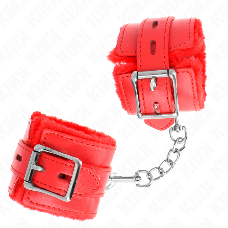Close-up da KINK Pulseira Forro de Pele Furos Quadrados Vermelho Ajustável, mostrando o material e detalhes do design.