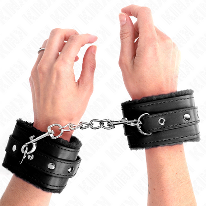 Pulseira Premium KINK de Forro de Pele Preto com Cinto Ajustável para BDSM