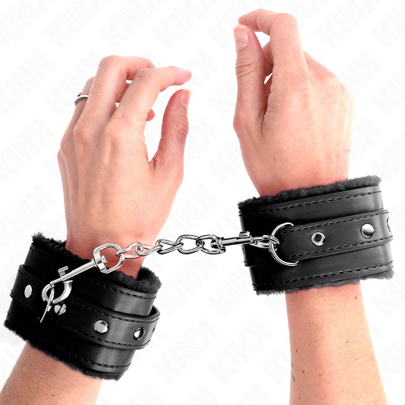 Pulseira Premium KINK de Forro de Pele Preto com Cinto Ajustável para BDSM