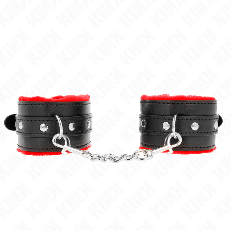 Close-up of the KINK Pulseira Premium Forro de Pele Vermelho com Cinto Ajustável, highlighting its material and design.