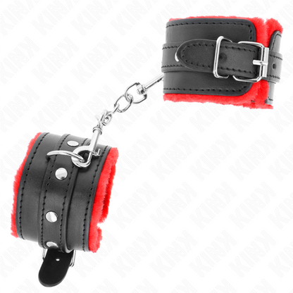 Close-up of the KINK Pulseira Premium Forro de Pele Vermelho com Cinto Ajustável, highlighting its material and design.