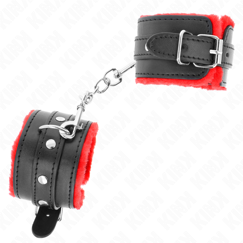 Close-up of the KINK Pulseira Premium Forro de Pele Vermelho com Cinto Ajustável, highlighting its material and design.