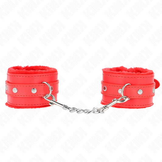 KINK Algemas de Pulso Premium Forro Pele Vermelho Ajustáveis 17-29cm, mostrando o material e fivela.