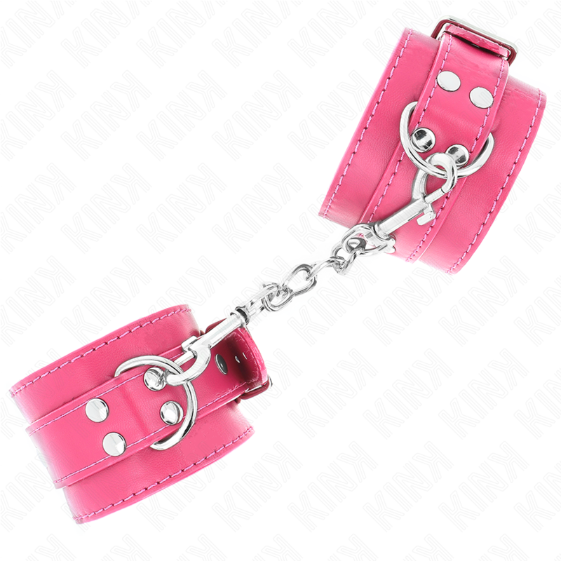 Punhos KINK Raspberry Rose ajustáveis com forro macio para BDSM, exibindo o design e material.