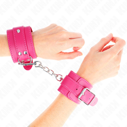 Punhos KINK Raspberry Rose ajustáveis com forro macio para BDSM, exibindo o design e material.