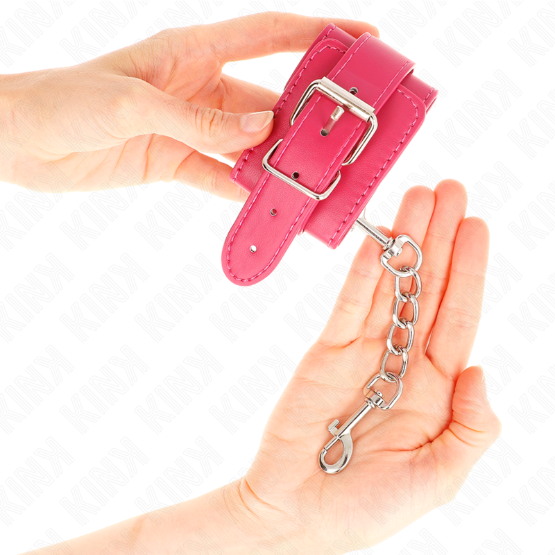 Punhos KINK Raspberry Rose ajustáveis com forro macio para BDSM, exibindo o design e material.