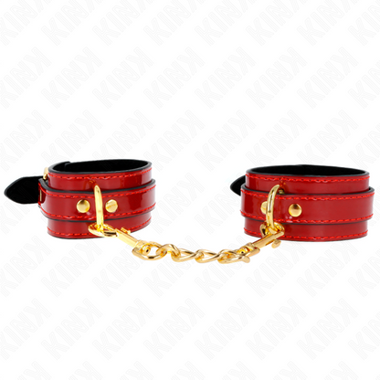 Punhos KINK Joanna Angel Vermelho Ajustável com Corrente de Ouro, detalhe do fecho e material.